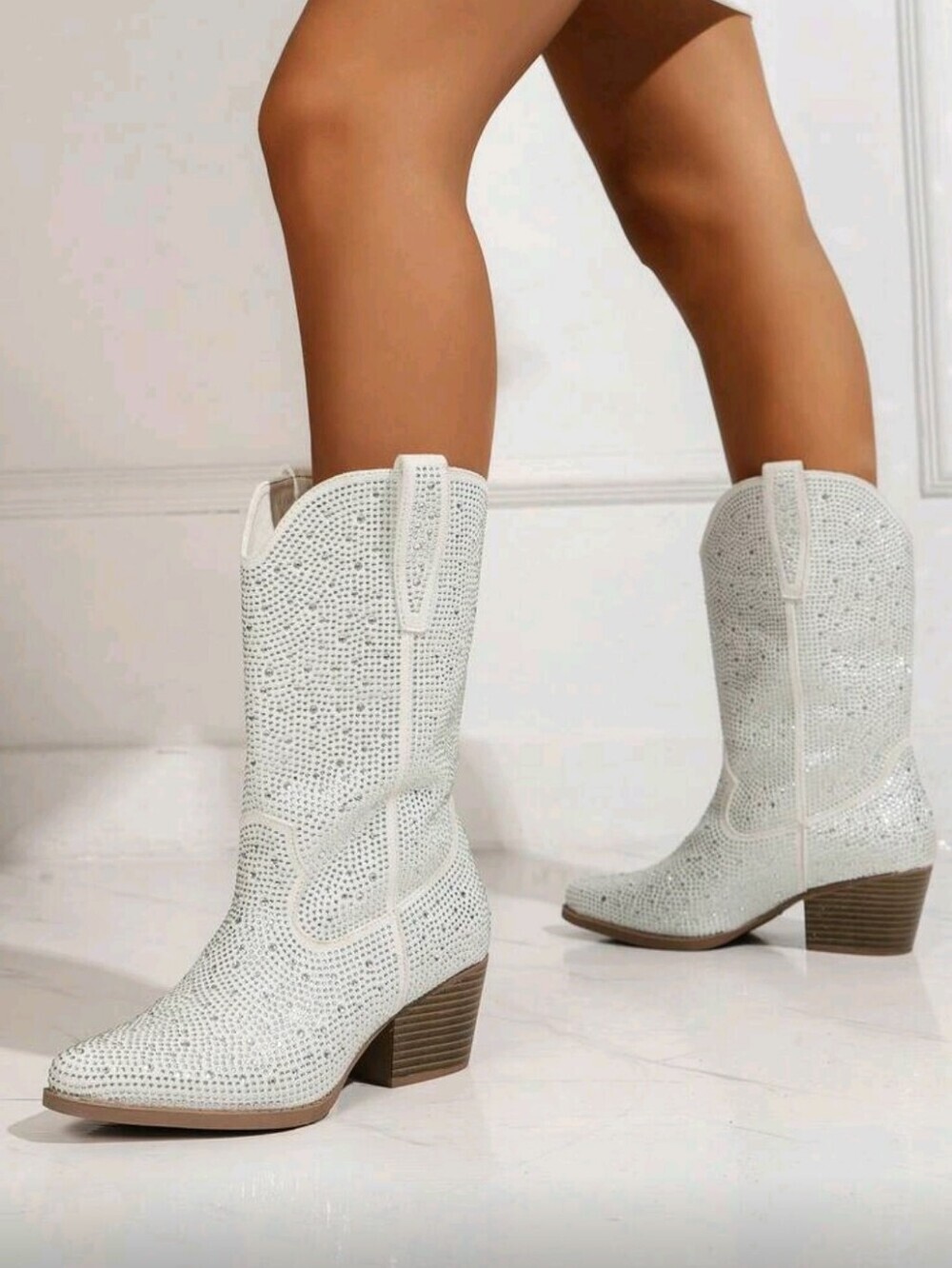Black/White Rhinestone Western Boots For Women, Mid Calf Chunky Heel Pointed Toe - Picture 4 of 6